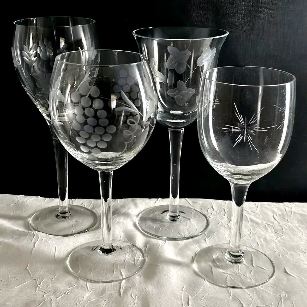 Mismatched Cordials Cocktail Glasses set/4 vtg mixed etched cut glassware party